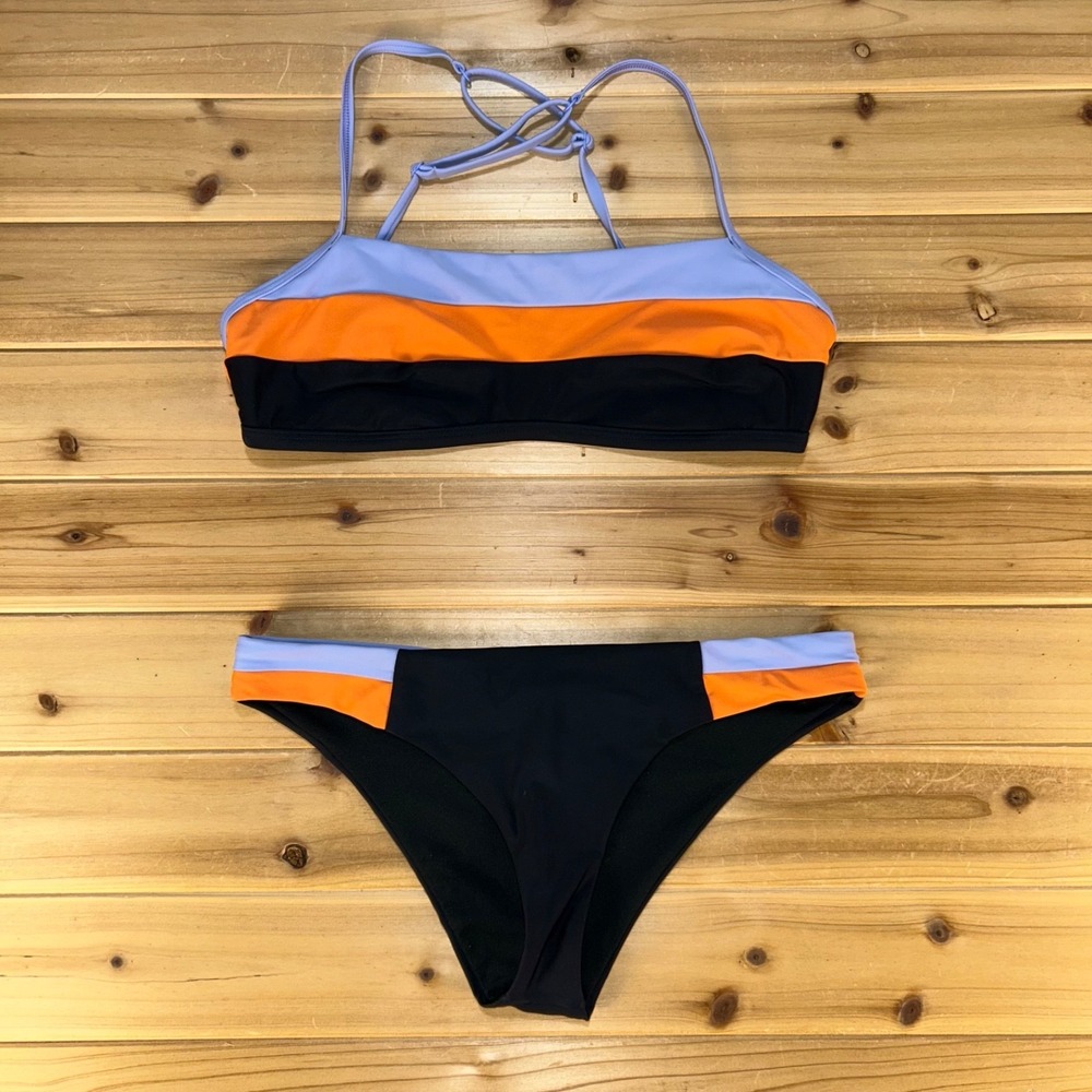 Prana Swimsuit Womens Medium Black Lavender Orange Colorblock Two Piece Bikini